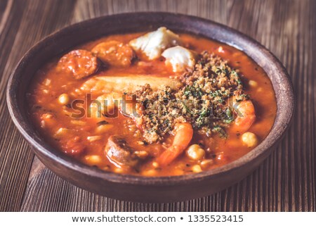 Stockfoto: Portion Of Spanish Fish And Chorizo Soup