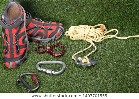 Foto stock: Green Carabiner With Text Mountaineering