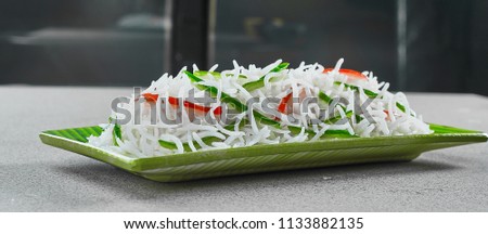 ストックフォト: White Bowl Plates With Boiled Long Grain Basmati Rice With Vegetables And Mushrooms On Light Table B