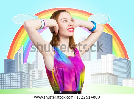 Stock foto: Positive Smiling Redhead Woman Covers Ears Happy To Hear Something Noisy And Funny Wears Transpare