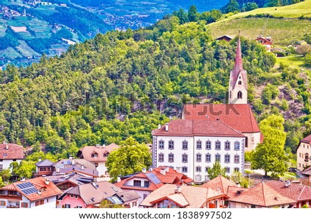 Foto stock: Dolomites Idyllic Alpine Village Of Gudon Architecture And Land