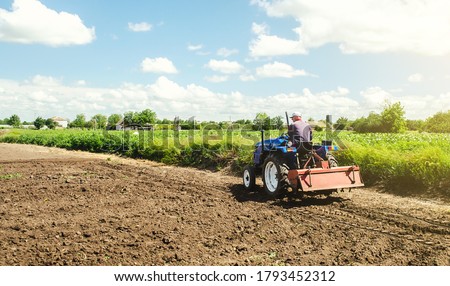 Foto stock: Farmer Drives A Tractor With A Milling Machine Loosening Surface Cultivating The Land Farming Ag