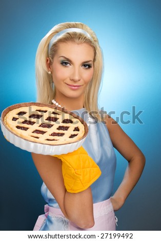 Foto d'archivio: Beautiful Woman Holding Hot Italian Pie Retro Stylized Portrait