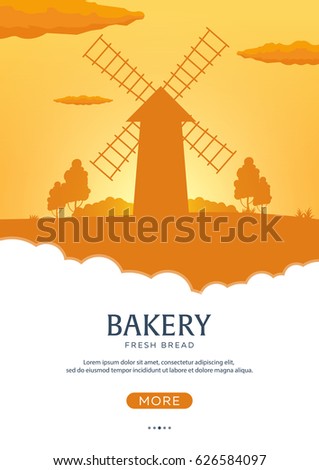 Foto d'archivio: Poster Rural Landscape With Windmill Sunrise Bakery Fresh Bread Vector Illustration