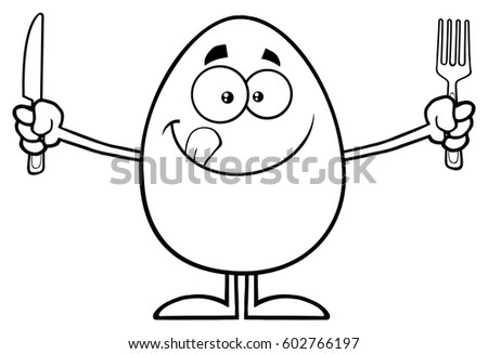 Black And White Cute Egg Cartoon Mascot Character Licking His Lips And Holding Silverware Stock foto © HitToon