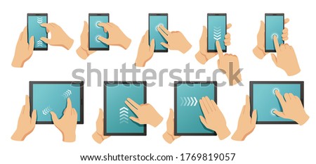 Stockfoto: Hand Using Multitask Tablet With Application Symbols And Icons Concept