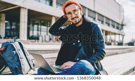 Сток-фото: Caucasian Male Copywriter Dressed In Stylish Clothes Works Freelance Types Information On Laptop C