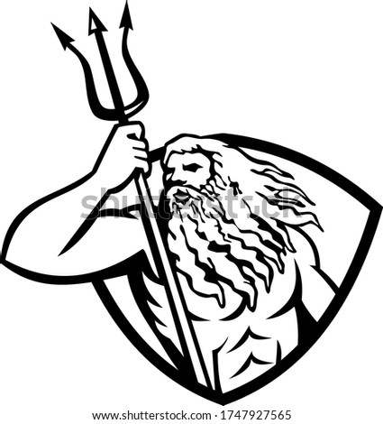 Foto d'archivio: Neptune Or Poseidon With Trident Looking To Side Shield Retro Black And White