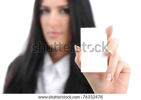 Young Woman With Vertical Bussiness Card Against White Background Stock fotó © Zurijeta