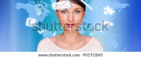 Foto stock: A Business Woman With Icons Of Her Affairs Floating Around Her