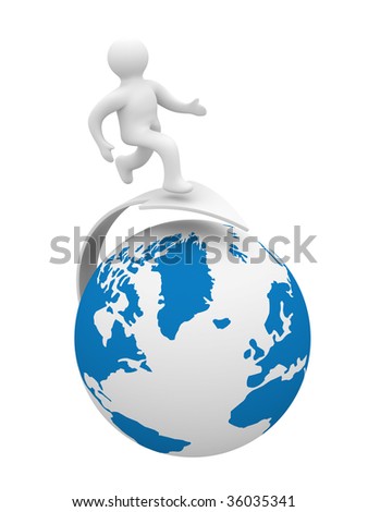 Stok fotoğraf: Businessman Running Around A Globe Isolated On White Background