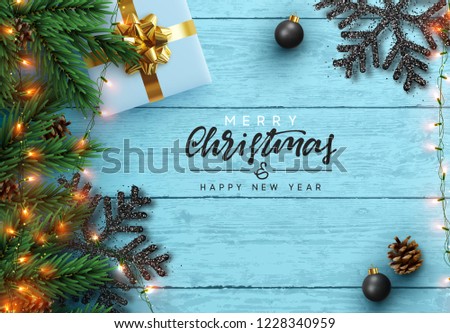 Сток-фото: Christmas Tree Branches On Blue Wooden Texture Ready For Your De