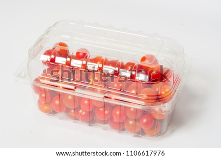 Stockfoto: Cherry Tomato In Plastic Container Package Studio Shoot On Whit