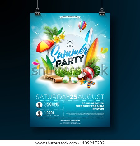 Foto stock: Vector Summer Beach Party Flyer Design With Flower And Tropical Plants On Blue Background Summer Na