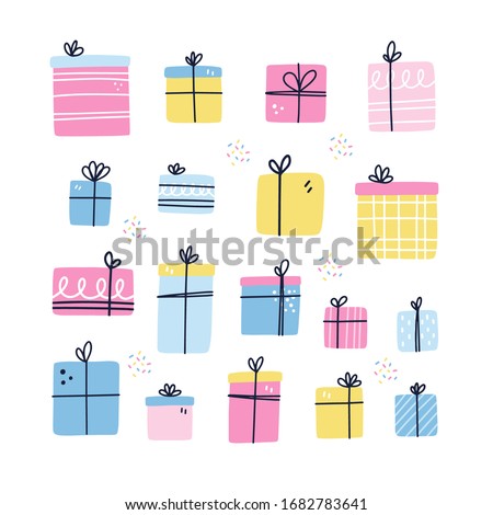 Сток-фото: Vector Set Of Different Textured Gift Boxes Hand Drawn Elements Doodle Freehand Style