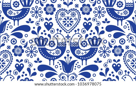 Seamless Folk Art Vector Pattern With Birds And Flowers Scandinavian Repetitive Floral Design In Wh Stock fotó © RedKoala