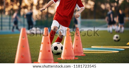 Children Training Soccer On Field Young Kids Boys Kicking Soccer Football Balls On Grass Pitch Kid Stockfoto © matimix