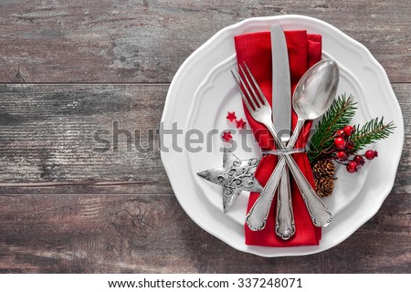 Сток-фото: Holiday Table Setting With Brown Napkin And Silver Cutlery Food