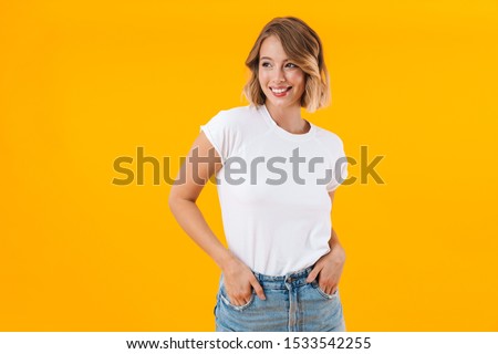 Stockfoto: Photo Closeup Of Alluring Happy Woman Smiling And Looking Downward