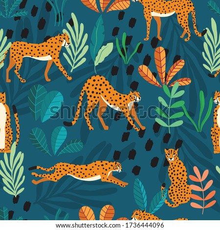 Stock fotó: Cute Exotic Wild Big Cat Cheetah Running On Dark Tropical Background With Collection Of Exotic Plant