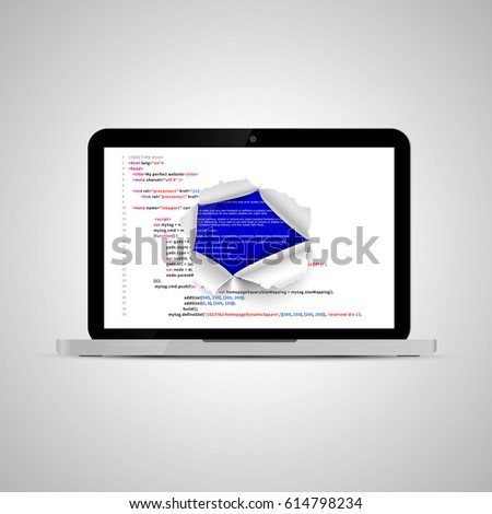 Zdjęcia stock: Realistic Glossy Laptop With Torn Hole In Program Code And Bsod Error