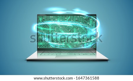 Stock photo: Realistic Laptop With Green Electric Circuit Map Onscreen Vecto