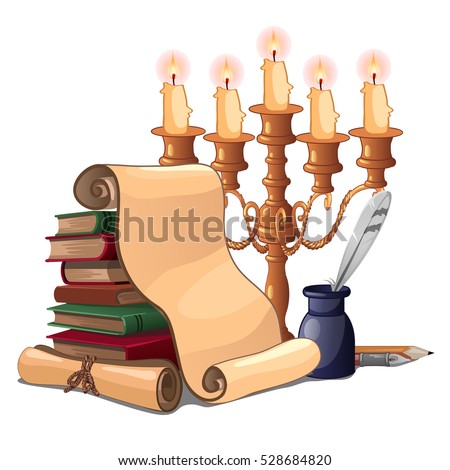 Foto stock: Old Stack Of Books With Candlestick And Burning Candle On The Wo