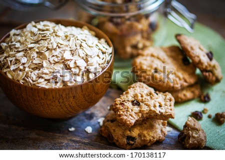 Stock photo: Oatmeal Cookies With Raisins On Vintage Wooden Background