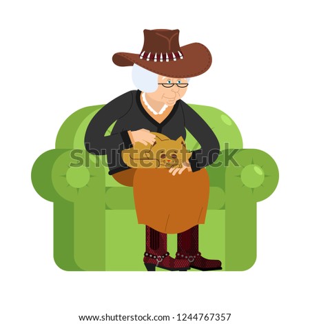 Stock photo: Western Grandmother Cowboy And Cat Sitting On Chair Texan Grann