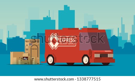 Red Delivery Truck On City Landscape Background Isoflat Styled Vector Illustration Foto d'archivio © Tashatuvango