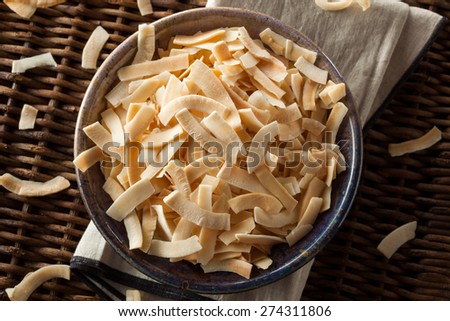 Stock fotó: Organic Roasted Coconut Chips Flakes With Sugar And Salt Wooden Bowl Stone Background