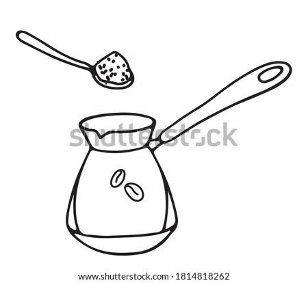 Foto stock: Hot Coffee In Black Cup With Beans Spoon And Turkish Pot Cezve With Copy Space On Brown Old Wooden