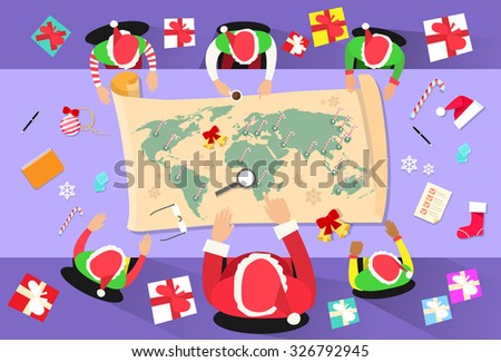 Foto stock: Santa Claus Meeting Christmas Office Elf And Gift New Year Wo