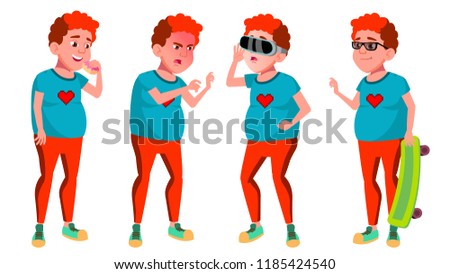 Foto stock: Teen Boy Poses Set Vector Red Head Vr Glasses Fat Gamer Positive Person For Postcard Cover Pl