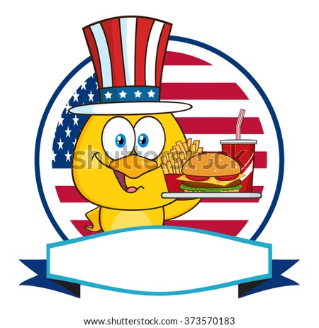 Stock fotó: Chick Cartoon Character With Patriotic Hat Holding A Fast Food Over A Circle Blank Label In Front Of