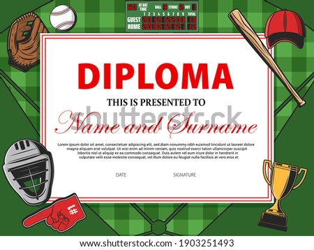 ストックフォト: Baseball Game Certificate Diploma With Golden Cup Vector Sport Graduate Champion Best Prize Winne