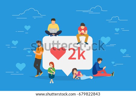 Stockfoto: Group Of People On Tablets And Phones With Likes In Heart Icons