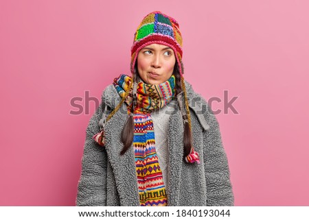 Сток-фото: Image Of Girl Wearing Winter Hat And Scarf Frowning And Being Su