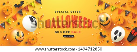 Foto stock: Halloween Sale Vector Illustration With Coffin And Holiday Elements On Orange Background Design For