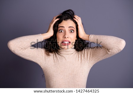 Foto stock: Portrait Of Beautiful Desperate Scared Frightened Young Muslim Woman Wearing Black Hijab Showing Sto