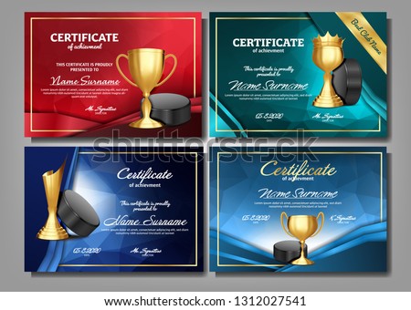 Zdjęcia stock: Ice Hockey Game Certificate Diploma With Golden Cup Set Vector Sport Award Template Achievement De