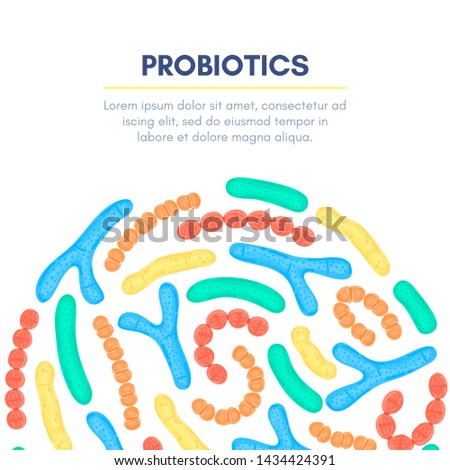 Foto d'archivio: Vector Background With Probiotics In Semicircular Shape Bifidobacterium Lactobacillus Lactic Acid
