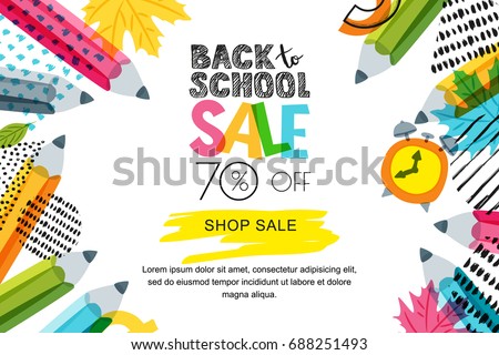 Stockfoto: Back To School Sale Horizontal Banner Pencils And Supplies On Checkered Paper Background Vector Il