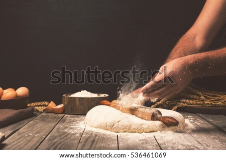 Сток-фото: Male Hands Kneading Dough Sprinkled With Flour Table Hands Prep
