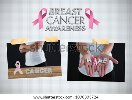 Foto stock: Hope Text And Breast Cancer Awareness Photo Collage And Marathon Run