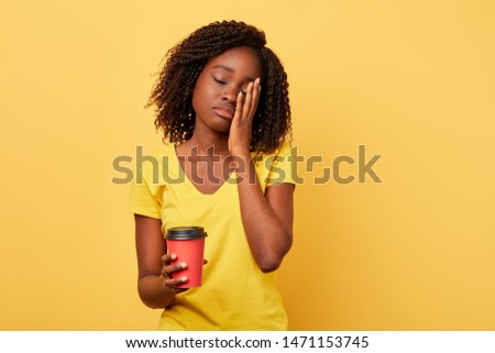 Stock fotó: Beautiful Brunette Woman With Dreamy Expression Has Coffee Break After Work Wears White T Shirt S