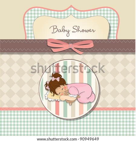 Zdjęcia stock: Baby Shower Card With Little Baby Girl Play With Her Teddy Bear
