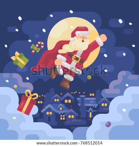 Foto d'archivio: Santa Claus Flying Over A Mountain Village In A Superhero Cape O