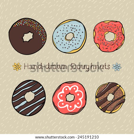 Foto d'archivio: Donuts Hand Drawn Vector Doodles Round Illustration Sweets Poster Design