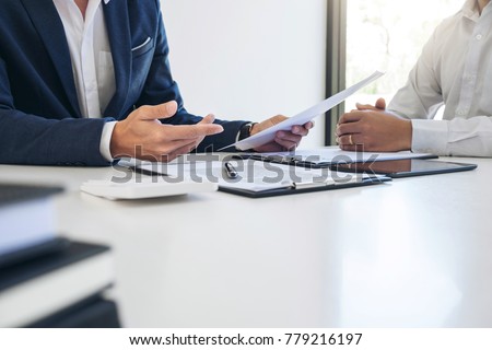Stock photo: Agent Man Presentation And Consulting Car Insurance Detail To Cu